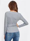  Grey V Neck Long Sleeve Plain T-shirt 