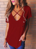 Short Sleeve V Neck with Small Holes T-Shirt Tops