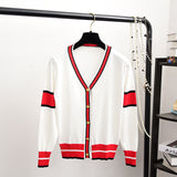 New Color Matching V-Neck Red Striped Knit Cardigan Coat