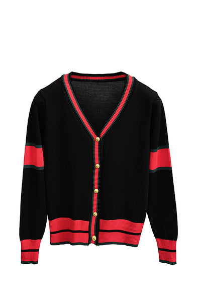 New Color Matching V-Neck Red Striped Knit Cardigan Coat