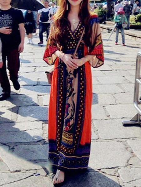 Fashion Floral Half Sleeve V Neck Maxi Dress