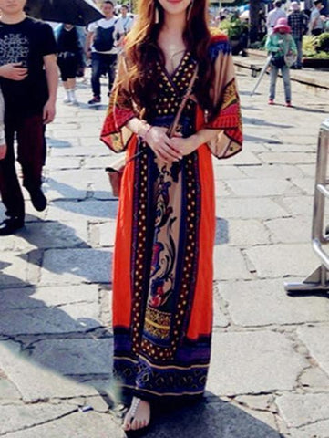 Fashion Floral Half Sleeve V Neck Maxi Dress