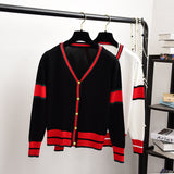 New Color Matching V-Neck Red Striped Knit Cardigan Coat