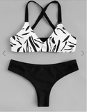 Black Leaf Print Thong Bikini Set