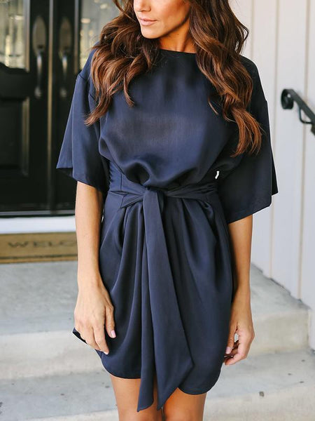 Dark Blue Solid Color Loose Belted Mini Dress