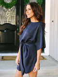 Dark Blue Solid Color Loose Belted Mini Dress