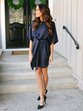 Dark Blue Solid Color Loose Belted Mini Dress