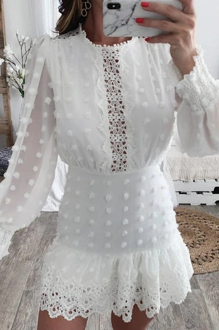 Sexy White Lace Short Dress Women Long Puff Sleeve Dresses