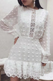 Sexy White Lace Short Dress Women Long Puff Sleeve Dresses