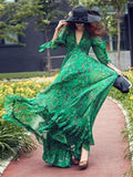 Green Flared Sleeves Bohemia Chiffon V-neck Maxi Dress
