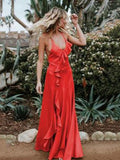 Summer Beach Red Spaghetti-neck Backless Solid Colors Maxi Dress