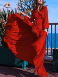 Elegant V-neck Long Sleeves Solid Color Belted Maxi Evening Dress