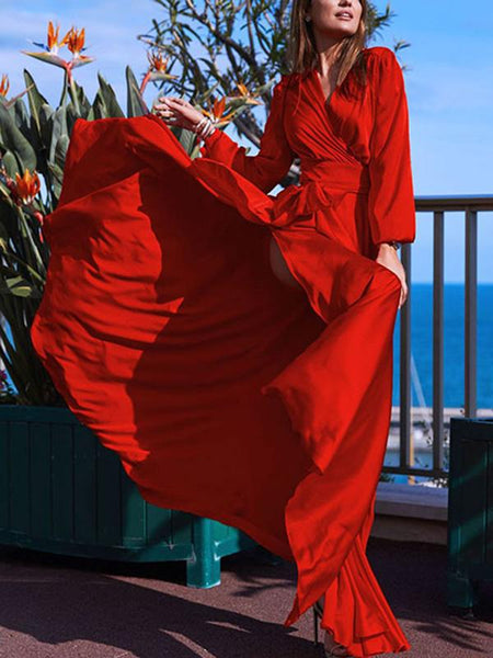 Elegant V-neck Long Sleeves Solid Color Belted Maxi Evening Dress
