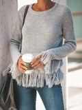 Long Sleeves Solid Color Tasseles Sweater Tops