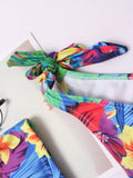Super Elastic Sexy Backless Wireless Printed Flower Bowknot  Bikini Swimsuit