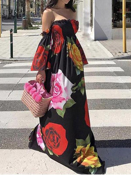 Long Summer Print Floral Off Shoulder Maxi Dress