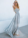 Blue Backless Striped Maxi Dress
