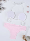 Pink Shell Wave Halter String Printed Backless Bikinis Swimsuits