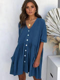 Half Sleeve V-neck Solid Ruffled Loose Mini Dresses