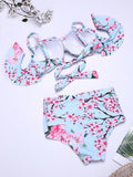 Bowknot Printing Lotus Leaf Shoulder High Waist Sexy Bikini Set Swimwear