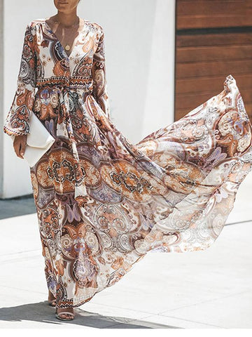 Unique Print Long Sleeves Bohemia Floral V-Neck Maxi Dress