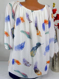 Pretty Feather Print T-shirt Off the Shoulder