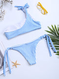 Stripe One Shoulder Blue String Bowknot Bikinis