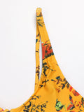 Printed Flower Ribbed Texture Lace Up Tassel String Yellow Bra Thong Bikini