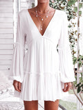 White Solid Deep V-neck Light Bohemia Mini Dresses