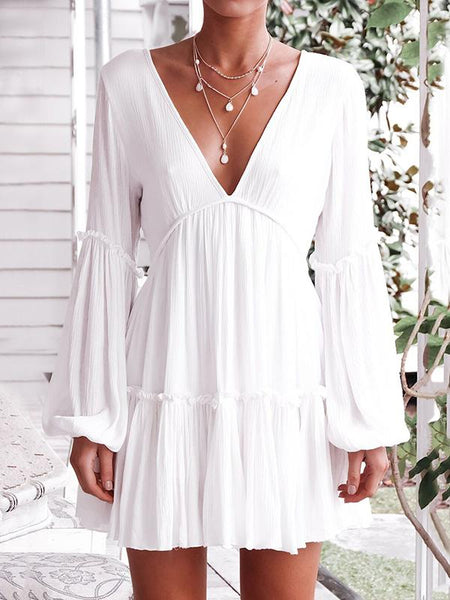 White Solid Deep V-neck Light Bohemia Mini Dresses