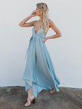Blue Deep V-Neck Solid Color Spaghetti-neck Maxi Dress