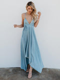 Blue Deep V-Neck Solid Color Spaghetti-neck Maxi Dress