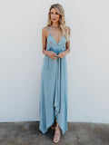 Blue Deep V-Neck Solid Color Spaghetti-neck Maxi Dress