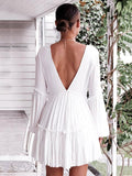 White Solid Deep V-neck Light Bohemia Mini Dresses