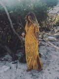Beautiful Yellow Lace V-neck Split-side Cover-up Dress