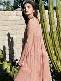 Pink Bohemia Solid Long Sleeve Maxi Summer Dress