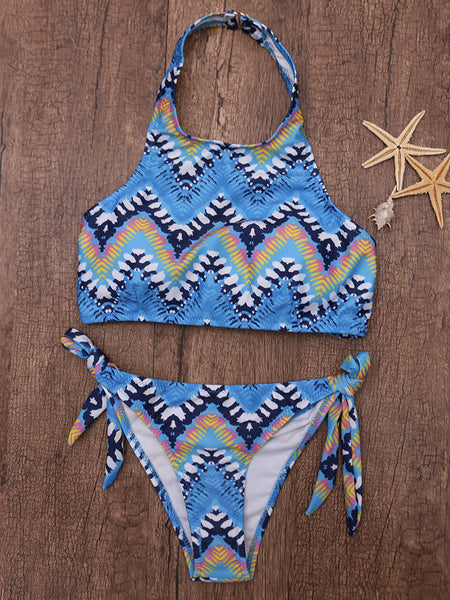 Printed Flower High Neck Halter Striped Bikini For Swimwear