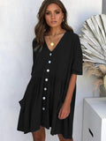 Half Sleeve V-neck Solid Ruffled Loose Mini Dresses