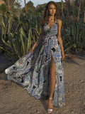 Summer Printed Split-side Belted Condole Belt Maxi Dress