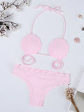 Pink Shell Wave Halter String Printed Backless Bikinis Swimsuits