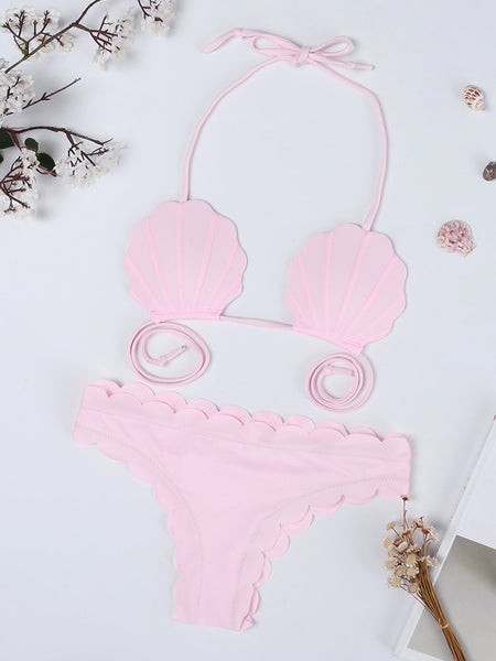 Pink Shell Wave Halter String Printed Backless Bikinis Swimsuits