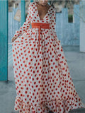 Red Polka-dot V-Neck Long Sleeves Maxi Dress