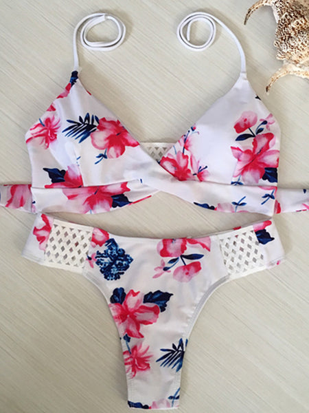 Criss-cross Back Bathing Floral Printed Halter Suits Deep Plunge String Bikinis