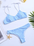 Stripe Tie Front Halter String  Bikinis Swimsuits Series For Women