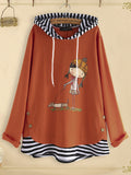 Side Button Stripe Patchwork Long Sleeve Cartoon Print  Hoodie