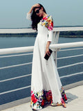 WHITE Printed Round Neck Maxi Dress
