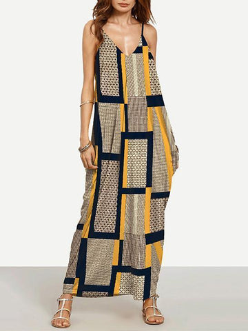 Sexy Summer Yellow Plaid Spaghetti Straps V Neck Maxi Dress