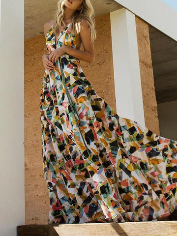 Sexy Summer Beach Spaghetti Sexy Backless Floral Maxi Dress