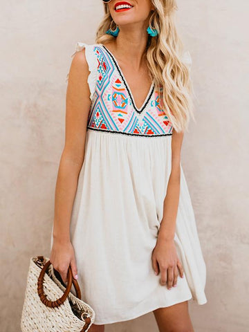 White Summer Floral Sleeveless V-neck V-back Midi Dress