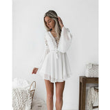 Bohemian Mini Lace White Summer Casual V-Neck Long Sleeve Dress